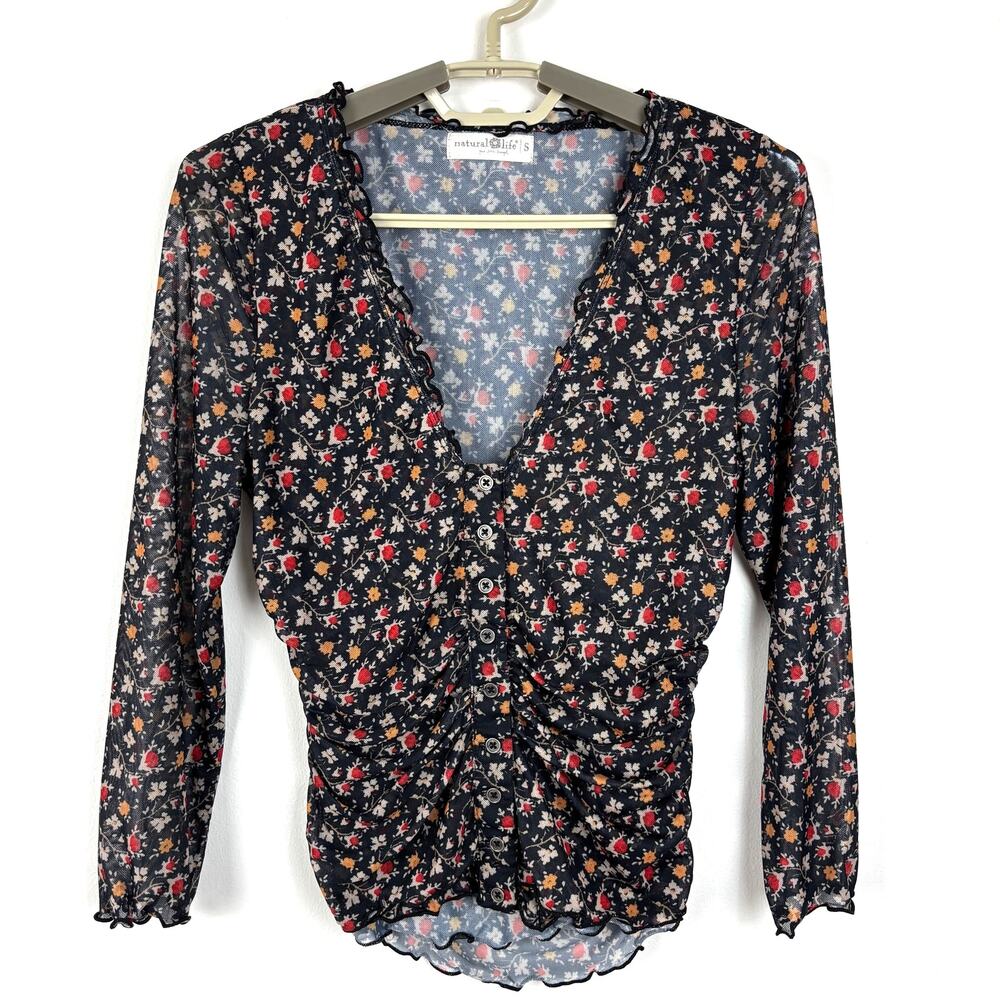 Natural Life Sheer Mesh Floral Button Top V-neck 3/4 sleeve lettuce hem Small